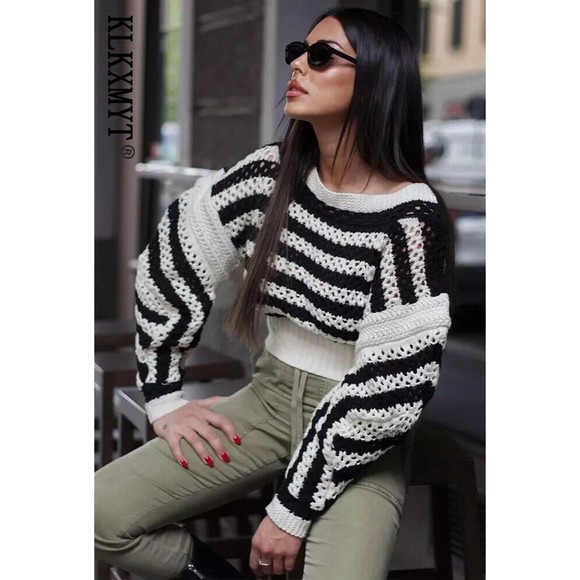ZARA Striped croppe Chunky Knit Sweater Crochet Long Sleeve Limited Edition M L - Picture 1 of 11
